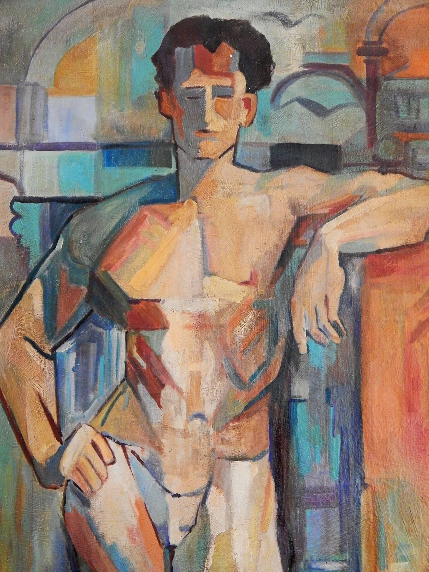 Stunningly detailed in gorgeous shades of turquoise, butterscotch, Mediterranean blue and deep red, this Art Deco/Cubist painting was executed by A. Williams in 1938. The male figure is confidently standing with one hip cocked to the side, one arm