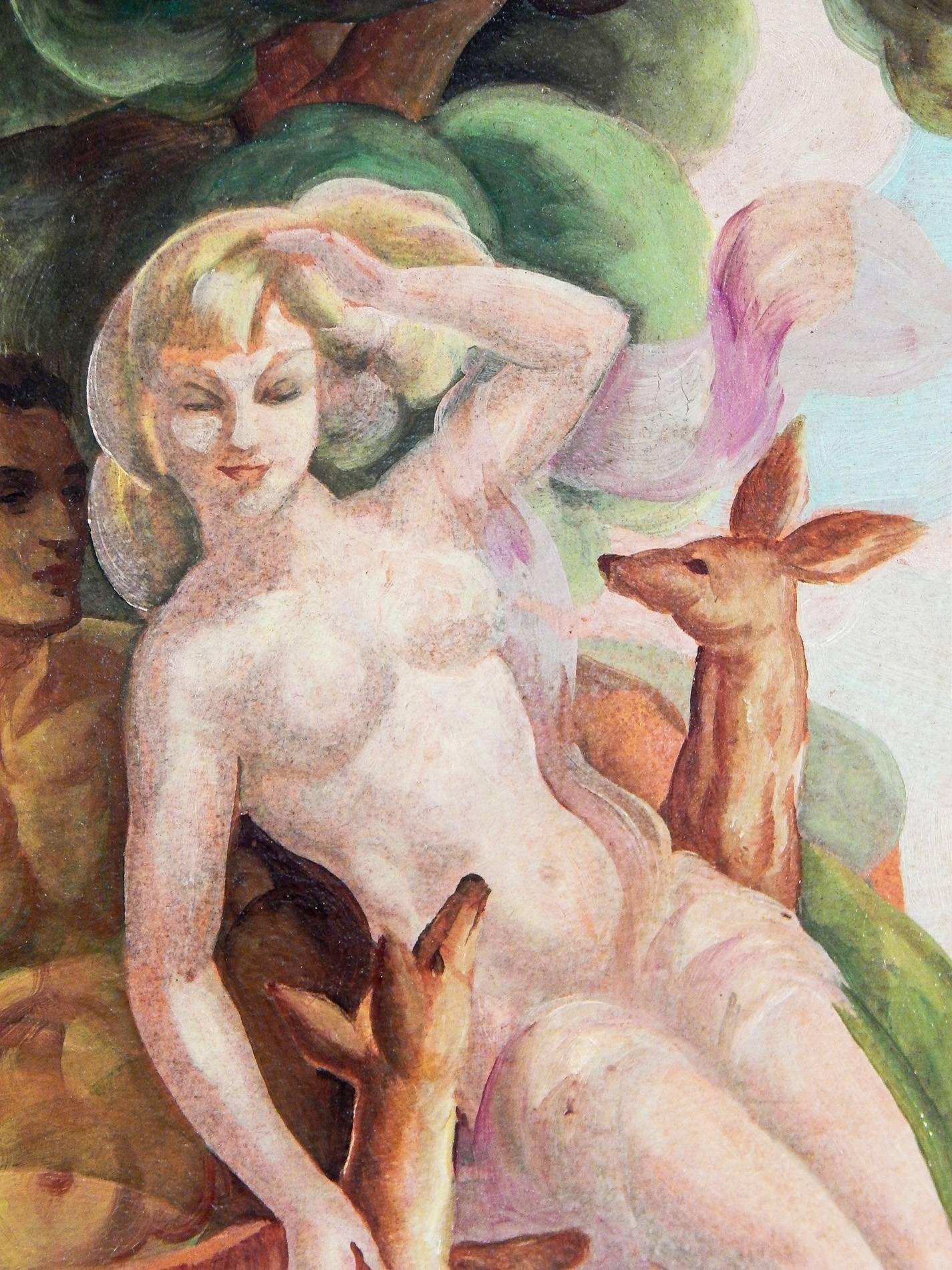 Ce superbe exemple classique de peinture Art déco -- avec un couple d'hommes et de femmes nus accompagnés de deux cerfs au bord de la mer -- a été peint par George Lepape, un important illustrateur et peintre qui était étroitement associé à