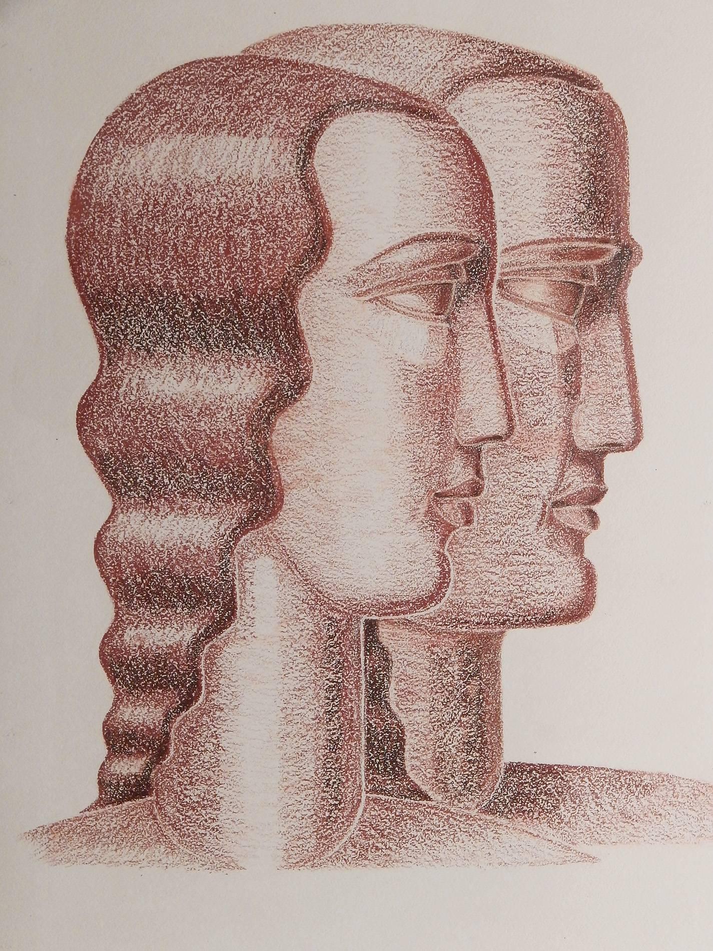 Solid and monumental in feeling, this quintessentially Art Deco drawing in a lovely sanguine hue by Peterpaul Ott depicts female and male heads, staring impassively ahead, with columnar necks and strong profiles, as if they are carved from marble or