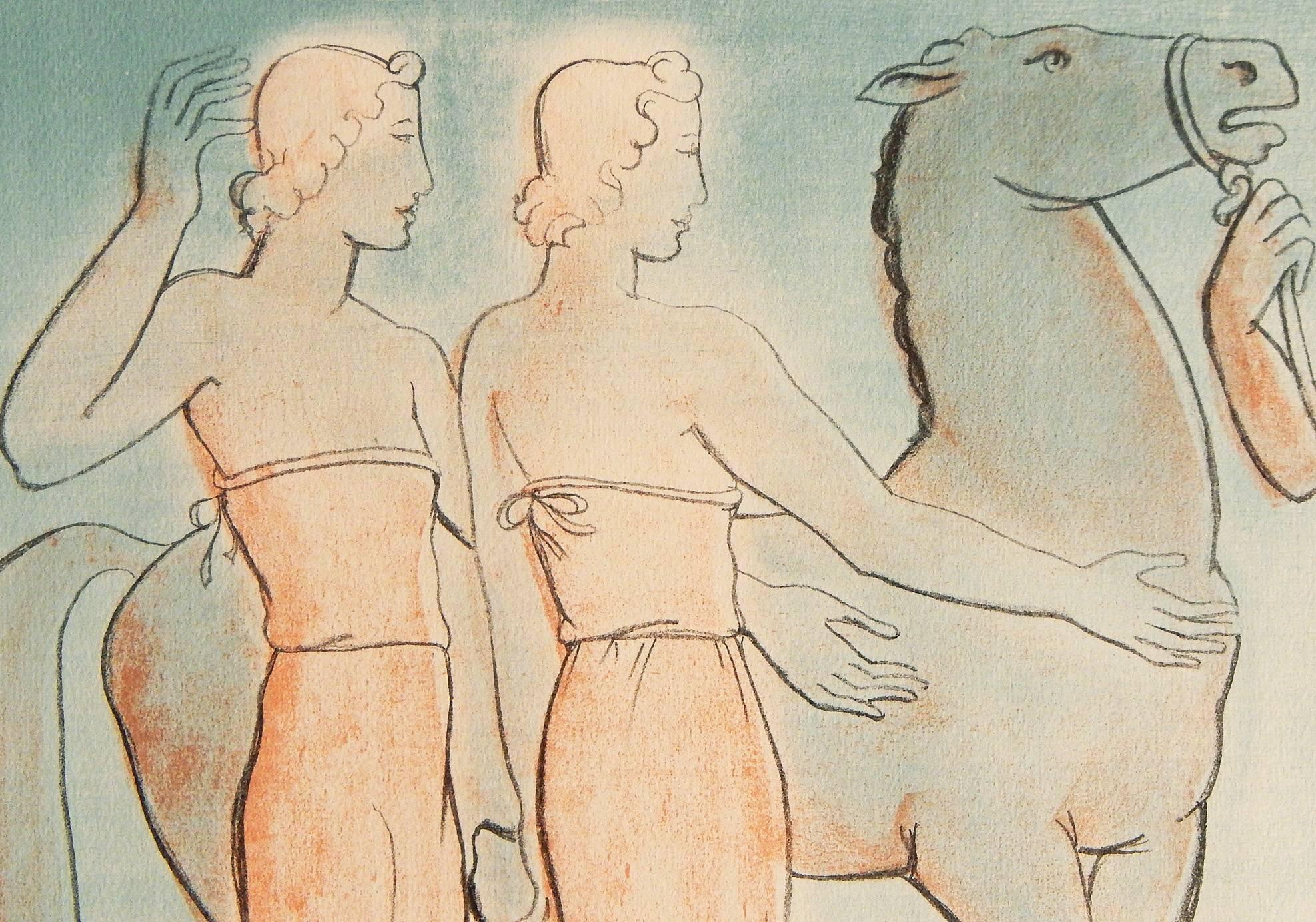 Beautifully composed and subtly colored in hues of pale, pale blue and rusty red, this frieze-like composition features two female figures in Classical Greek robes and a semi-nude male figure holding the reins of a horse.  The watercolor was painted