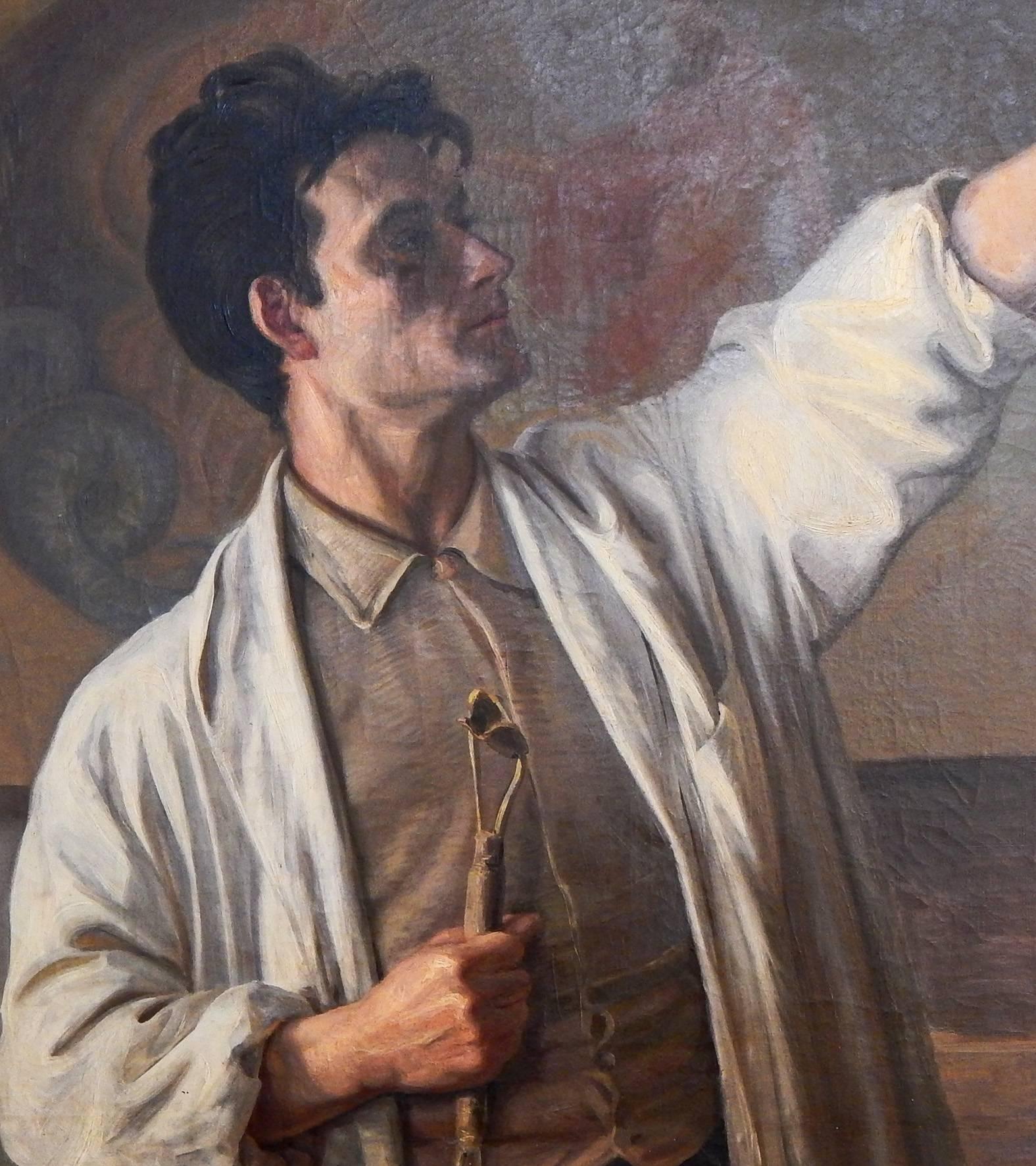 Brilliantly capturing the intensity and artistry of the sculptor at work, this large and important painting by Oscar Matthiesen depicts his subject with wild, unkempt hair and a lean frame. The sculptor has rolled up the sleeves of his artist smock