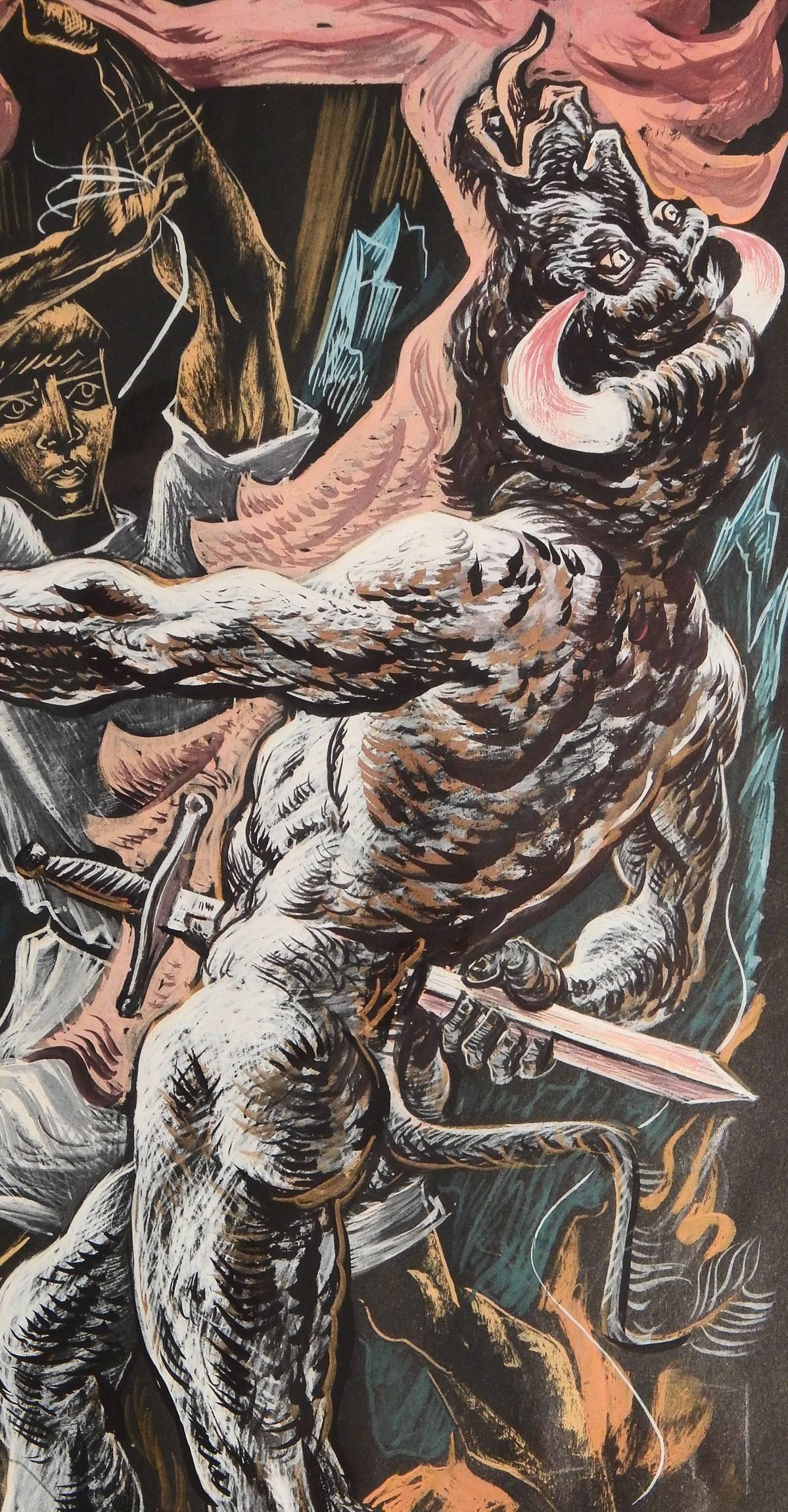 "Theseus Slaying the Minotaur, " Important MidCentury Painting by