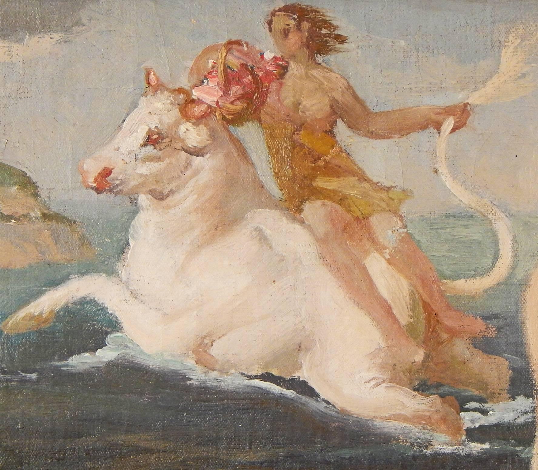 An especially lovely and fresh take on the Classic Europa and the Bull myth that so intrigued artists in the Art Deco era, this impressionistic study by Ezio Giovannozzi was probably painted in preparation for a major mural in Italy. The artist is