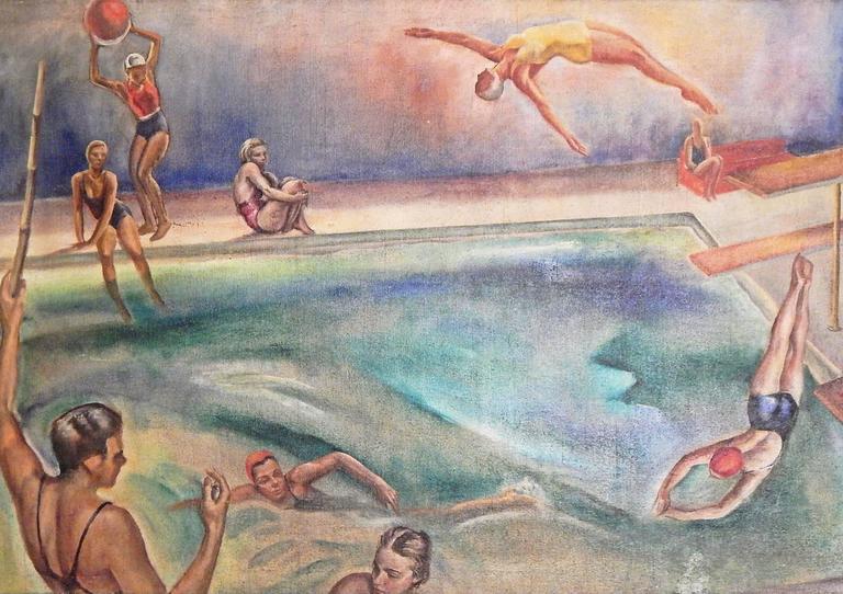"Swimming Pool," Masterful, Panoramic Art Deco Painting by McKee at 1stDibs