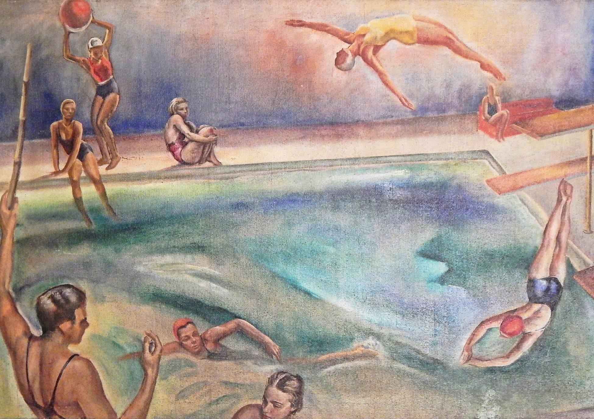 This monumental oil painting is both a study of water, in all its many colors and various depths, and a depiction of female swimmers and divers in various poses. The one exception is a male lifeguard who watches over the scene with his bamboo pole,