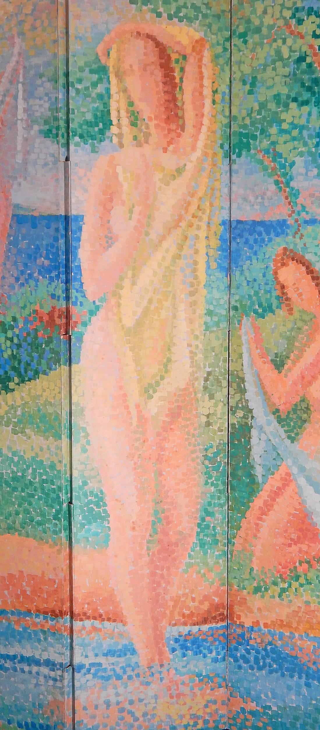 A vivid example of late Art Deco painting, executed in a pointillist manner, this four-panel screen was created by John Sennhauser, a Swiss-born artist who was active in New York from the 1930s to the 1960s. The screen was retailed by the renowned