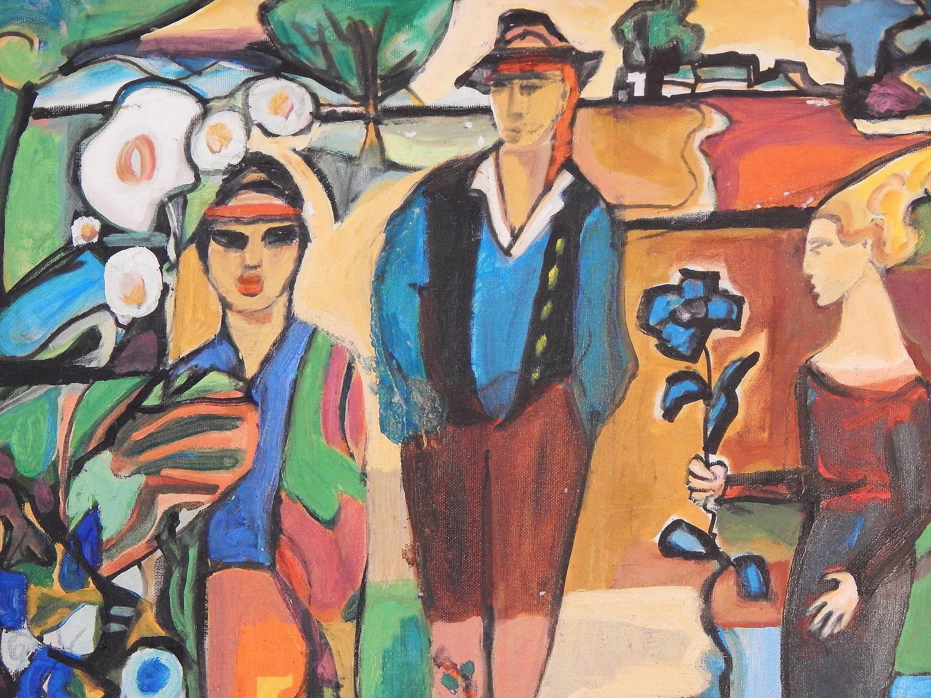Making brilliant use of a Fauvist palette and a Secessionist vocabulary, this remarkable painting depicts three figures in the Austrian region of the Tyrol, just south of Bavaria. The central figure is garbed in traditional folk costume including