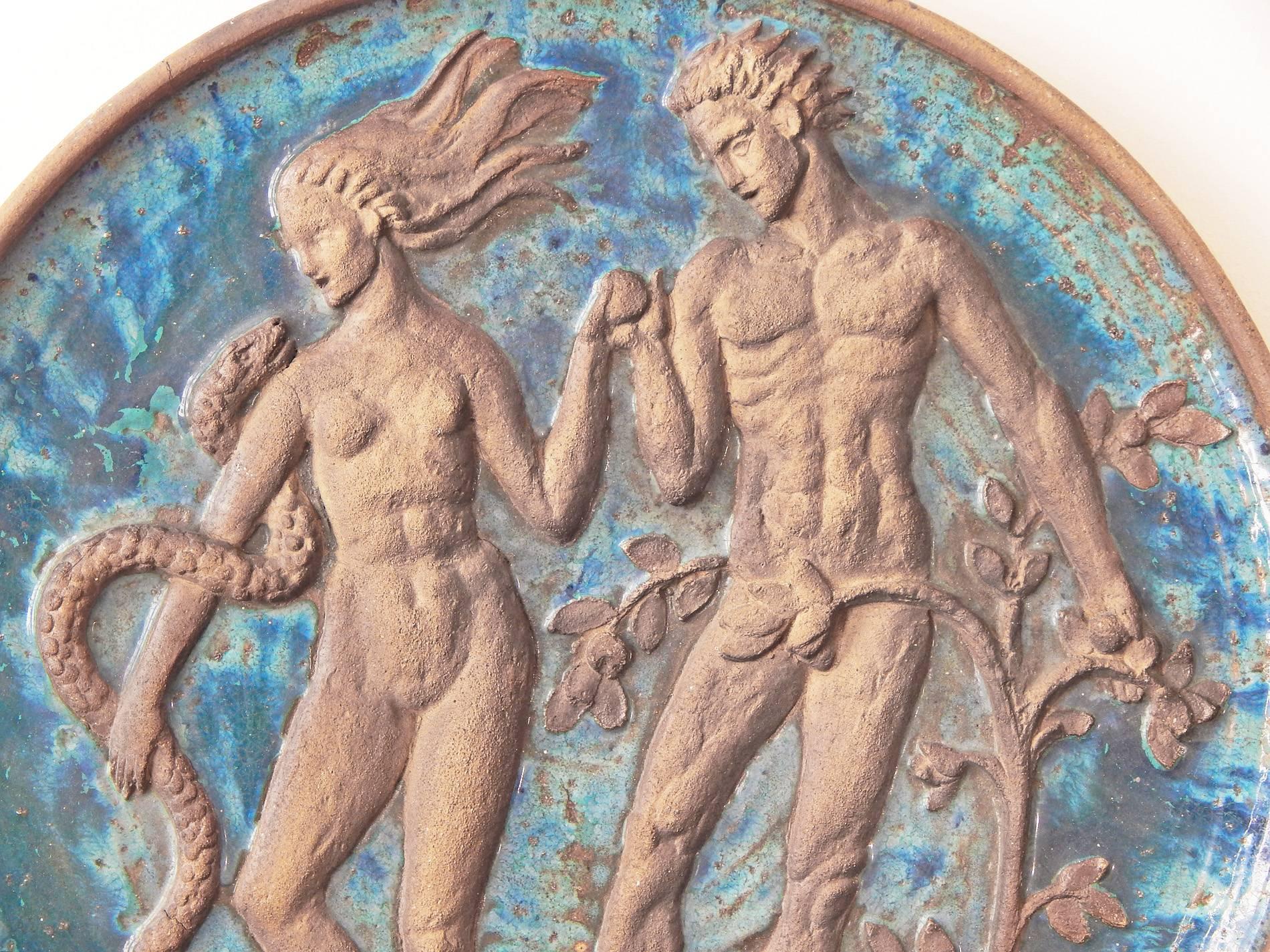 A magnificent example of WPA sculptor Waylande Gregory's work at the height of his career in the 1930s, when he was creating major fountains, public monuments and World's Fair sculptures, this panel depicts Adam and Eve at the moment when the