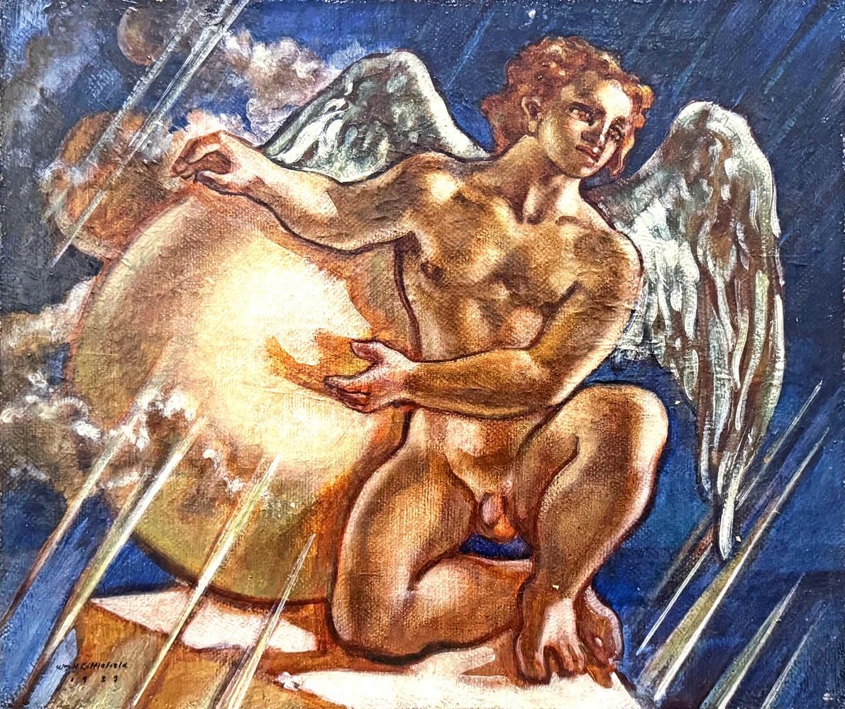 Dieses warme und lebendige Gemälde, das wahrscheinlich als Reaktion auf die Eröffnungssalven des Zweiten Weltkriegs entstand, stellt die mythologische Figur des Eros dar, der mit ausgebreiteten Flügeln seinen Arm auf eine interplanetarische
