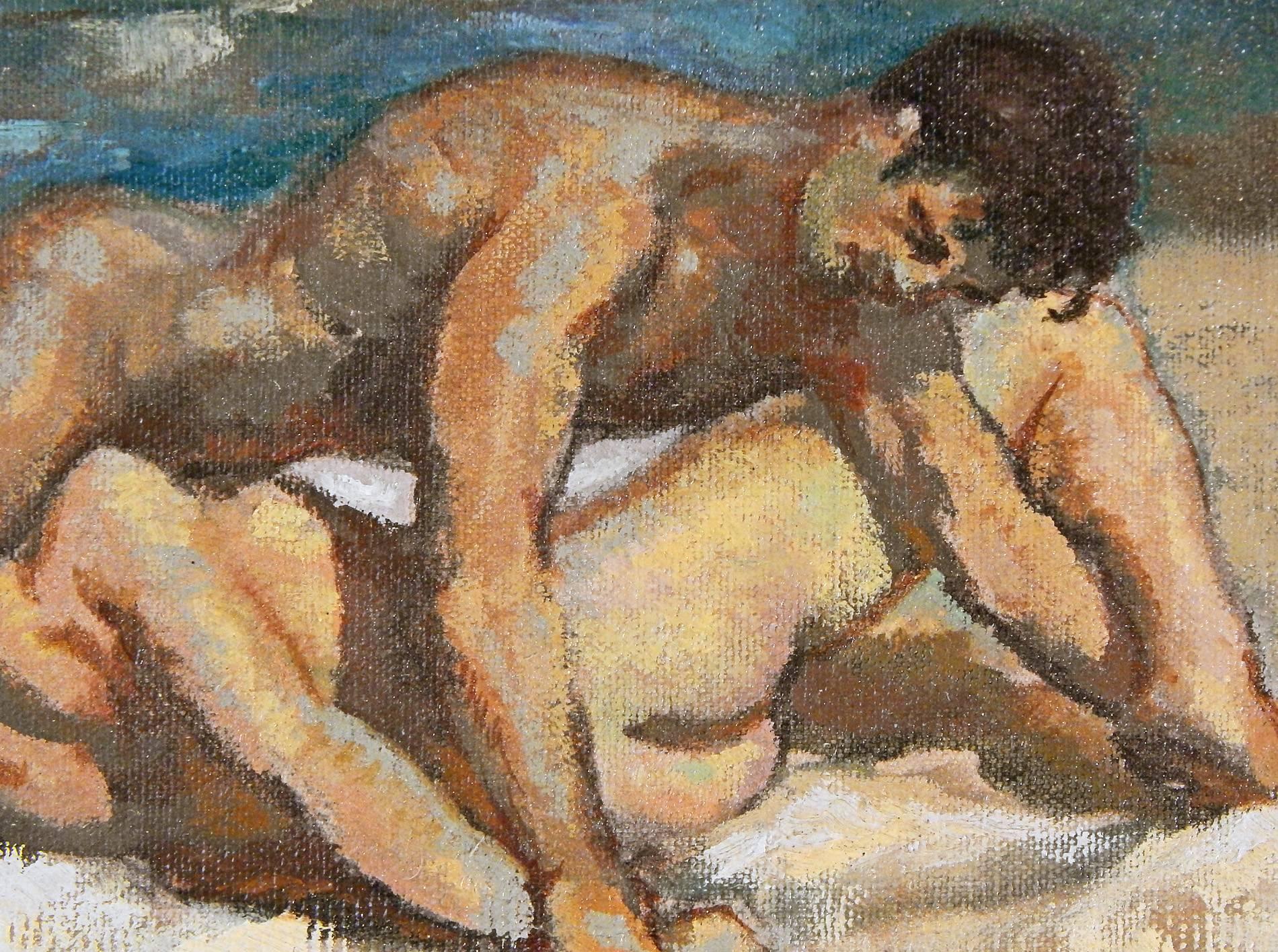 Suggestive of the work of William Littlefield and Edward Melcarth, this scene depicts two nude male figures, warmly lit by the late afternoon sun, wrestling on the sand not far from the edge of the ocean. The artist suffuses the scene with warm,