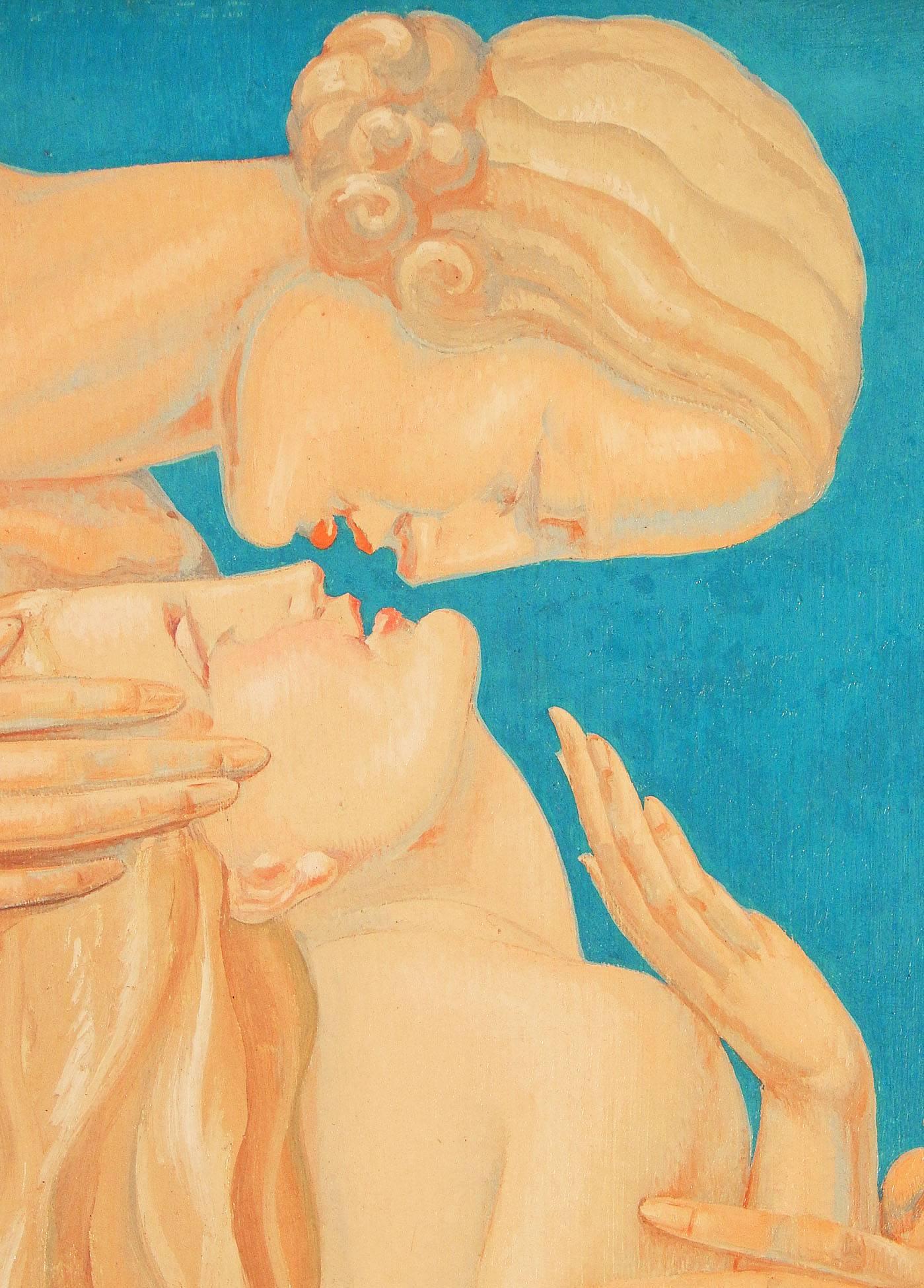 Painted by Louis Rigal, one of America and France's great Art Deco muralists -- responsible for major work at the Waldorf Astoria Hotel and the Chanin Building lobby in New York and the Palmer House in Chicago -- this painting of two female figures