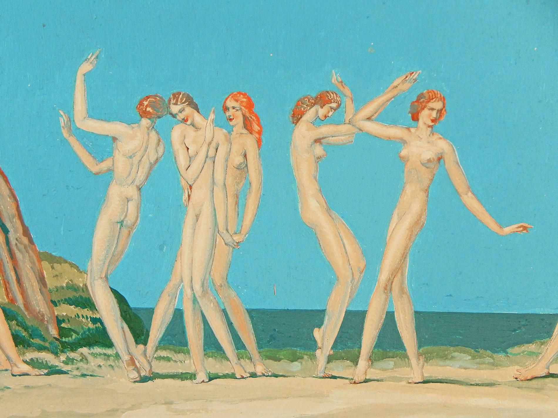 A timeless and elegant example of Art Deco painting at its best, this work by Louis Rigal depicts a line of nude female figures dancing on the sand near the sea, flanked by nude male figures watching in appreciation. Rigal was one of America and