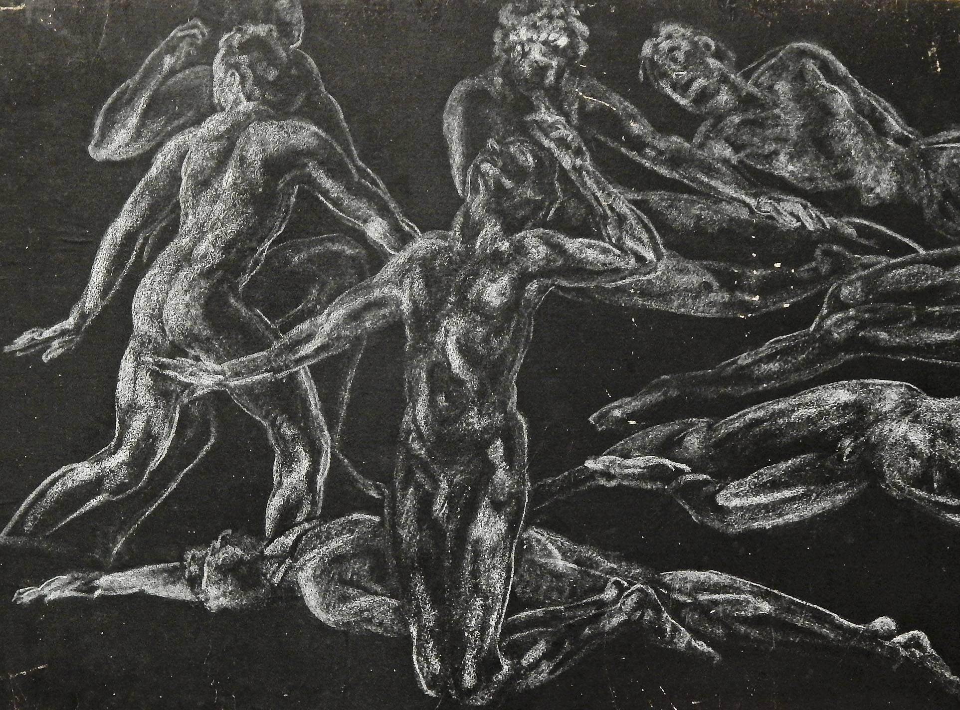 An arresting assemblage of nude figures, executed in white chalk on a dramatic black background, this drawing shows the artist's mastery of the human figure in various poses supine, kneeling, striding and sitting. The artist may be Arthur Bowen