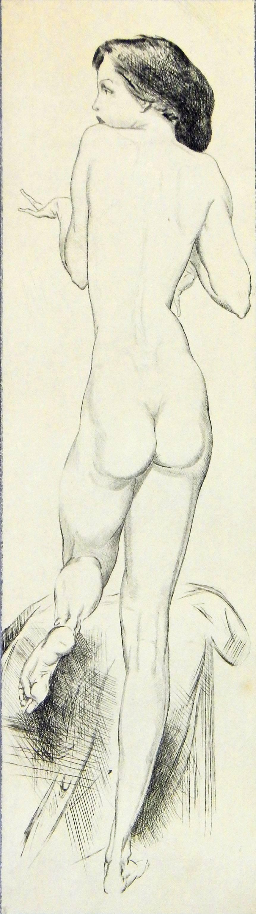 This sensuous drypoint etching by Donald De Lue of a female nude figure, almost Mannerist in its depiction of long, sinuous legs and arms, is a rare find. Created early in De Lue's career (1933-1934) when he worked in the New York studio of Bryant