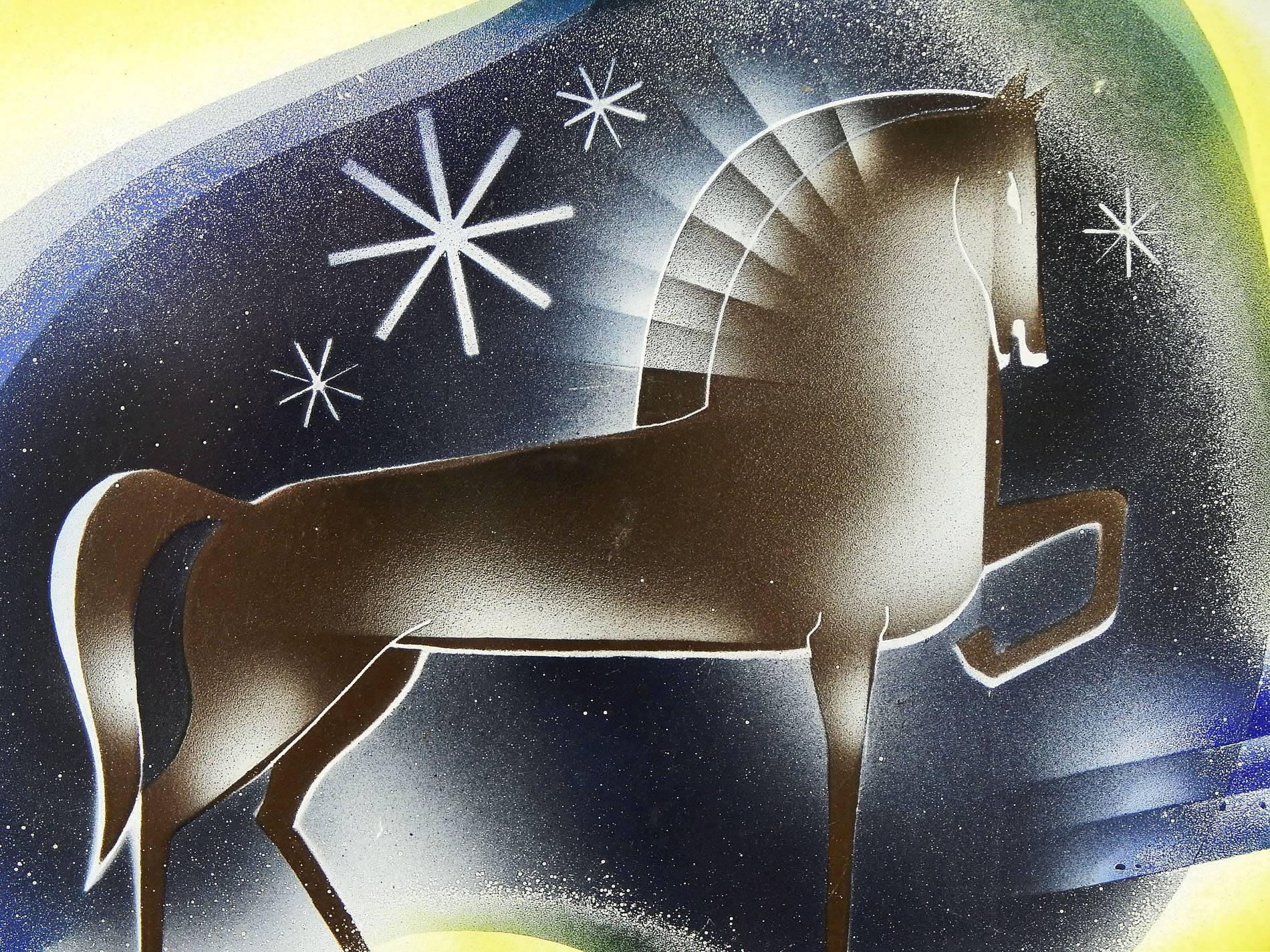 Art déco « Horse in the Midnight Sky » (Horse dans le ciel de minuit), grand panneau Rondel Art Déco par Winter en vente