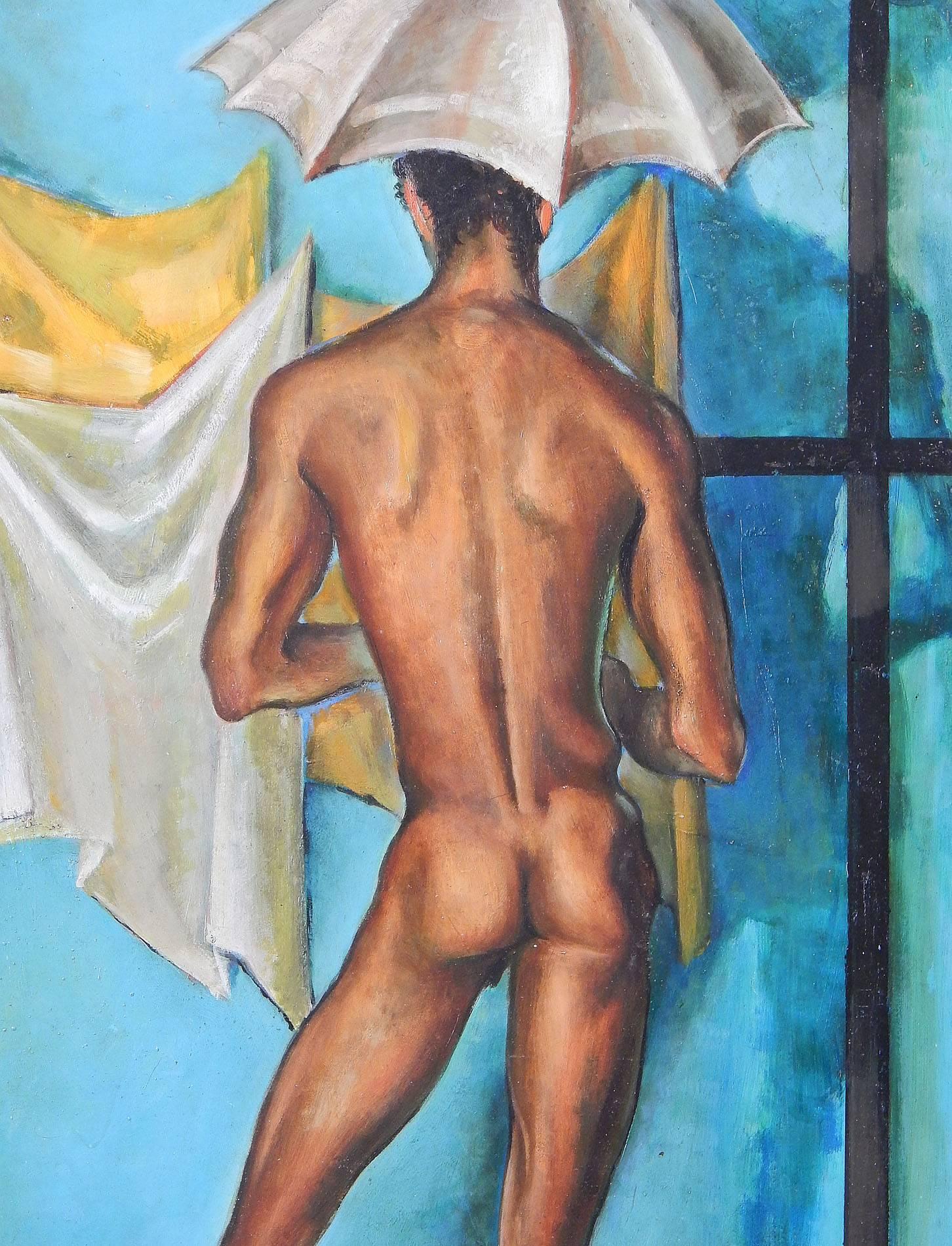 Vividly painted in tones of turquoise, canary yellow and warm brown, this quite extraordinary depiction of a slender African American nude figure holding an umbrella was painted by Raoul Pene du Bois. This painting demonstrates his mastery of the