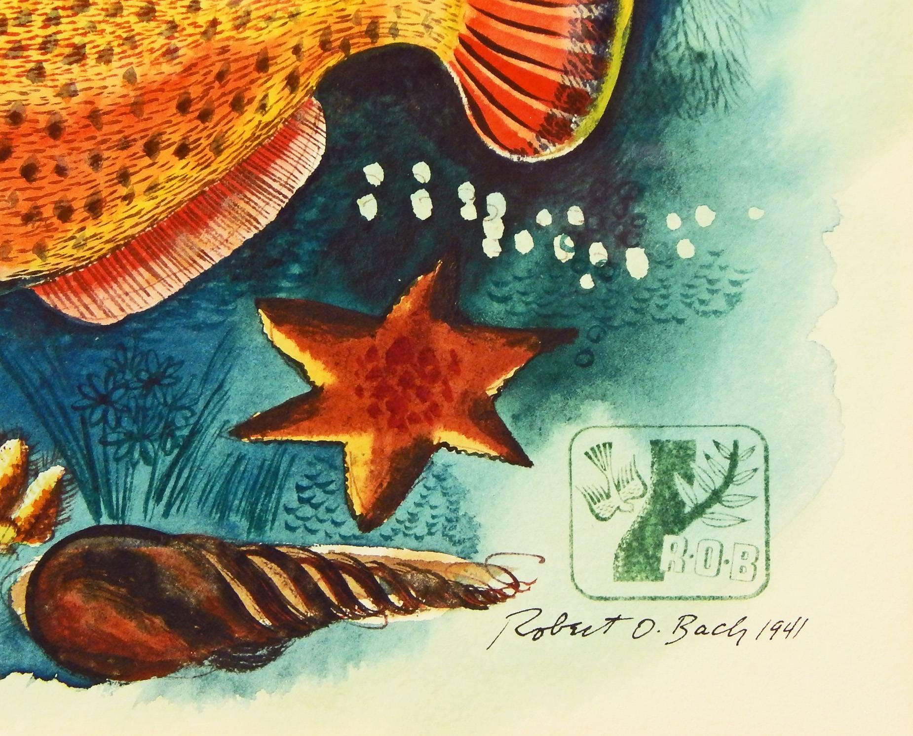 Américain « Tropical Fish », brillante peinture Art Déco sous-marine, Hawaï, 1942 en vente