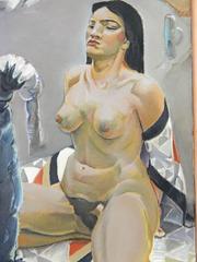 "First Bloom, " Large Art Deco Painting w/ Female Nude. California artist