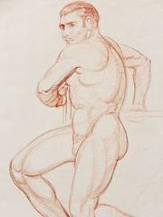 "Twisting Male Nude, " Art Deco Drawing by Pioneering Native American, 1934