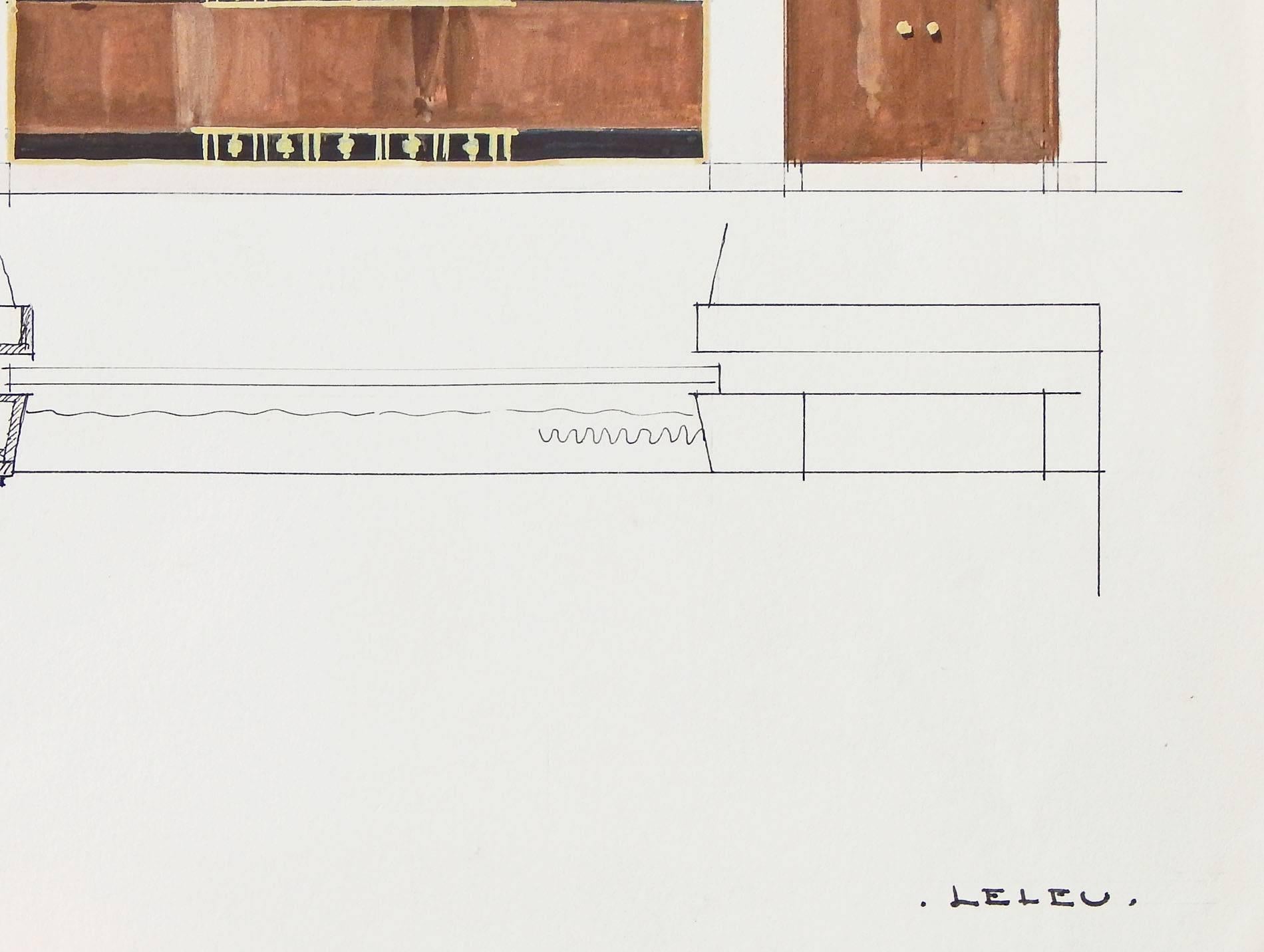 Mid-Century Modern Original Watercolor Rendering for 1956 Living Room by Leleu Firm, Paris For Sale