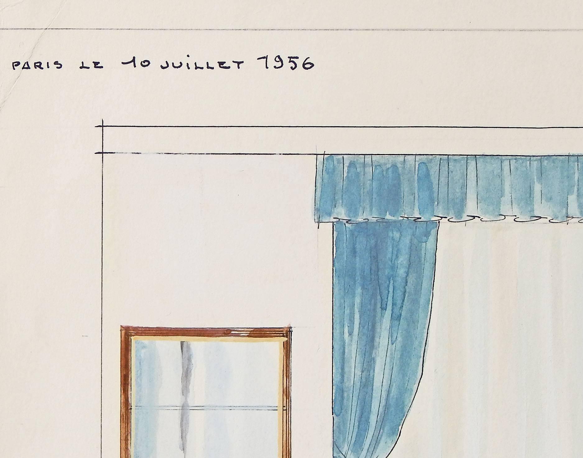 French Original Watercolor Rendering for 1956 Living Room by Leleu Firm, Paris For Sale