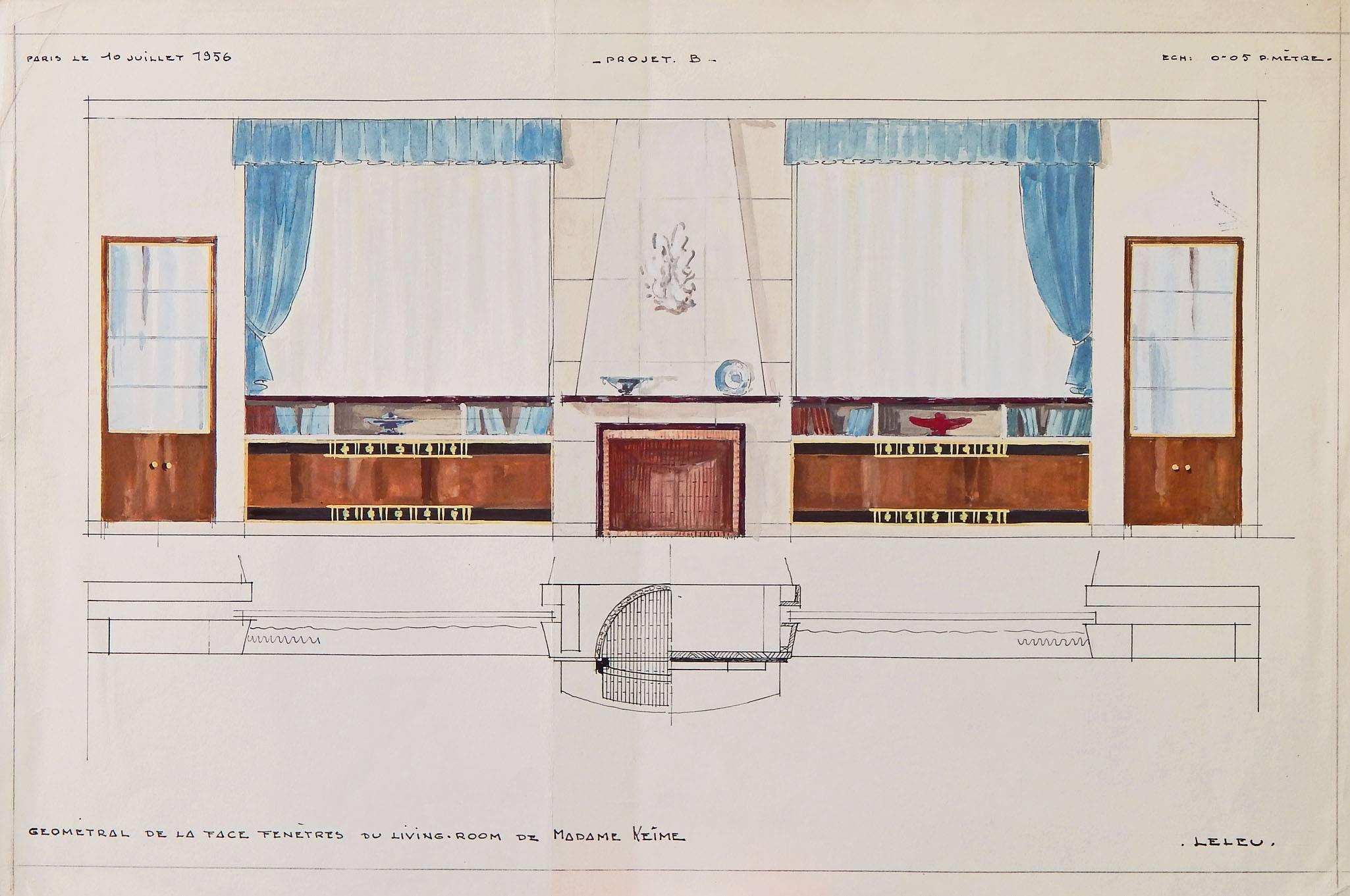 Painted Original Watercolor Rendering for 1956 Living Room by Leleu Firm, Paris For Sale