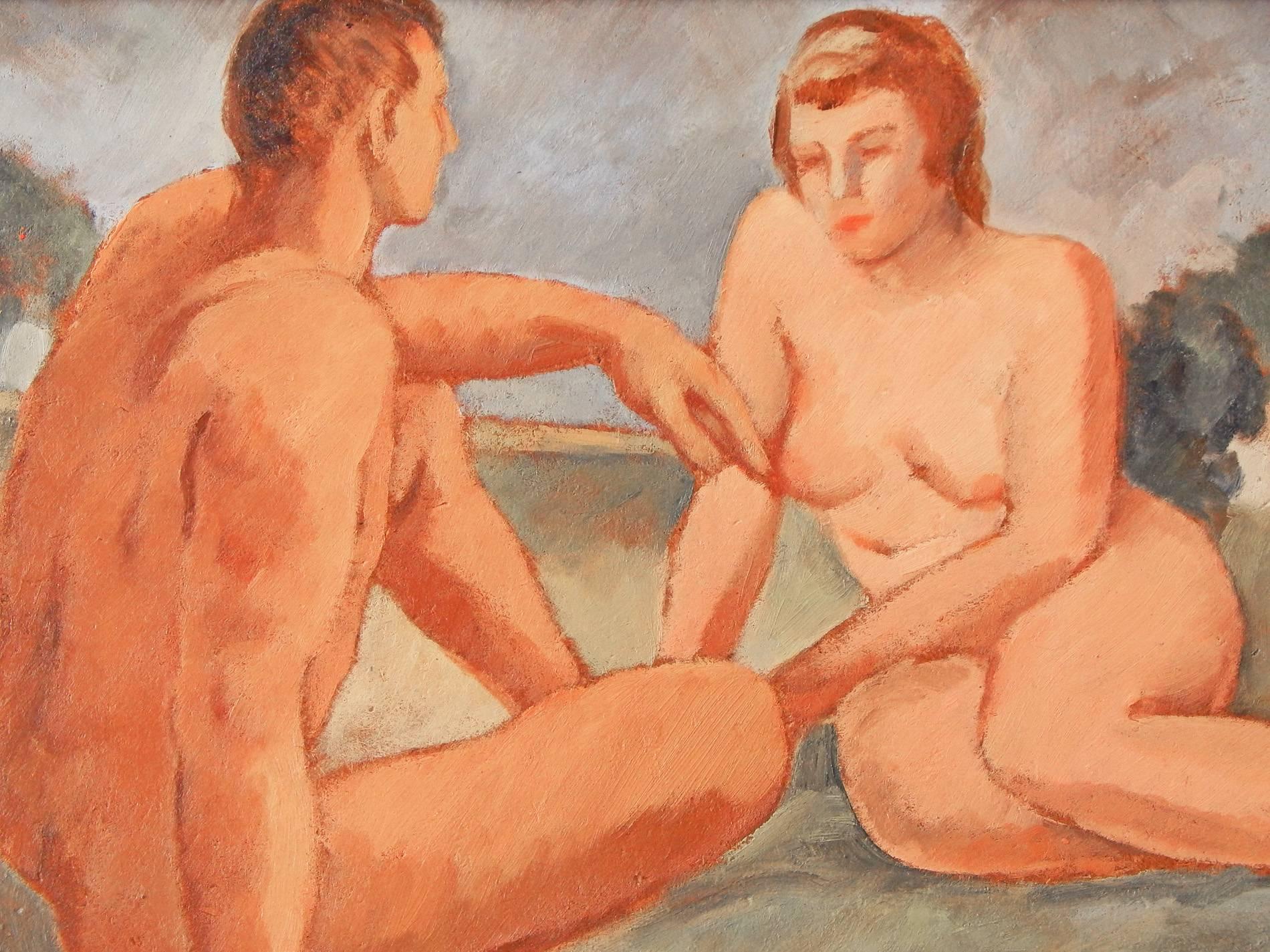 Suffused with the rich, subdued colors of the WPA period, this painting by Maryland artist Larry Rodda depicts a male and female nude couple sitting on a grassy spot overlooking an arched bridge. Using a warm and rosy palette for the couple, Rodda