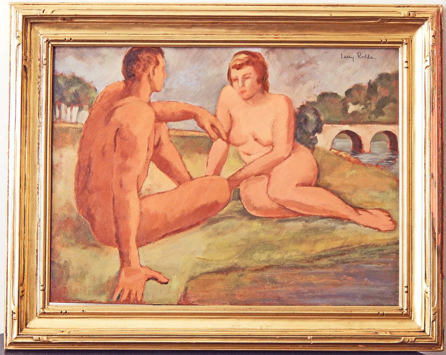 Américain « Nus avec un pont arqué », peinture d'époque WPA par Rodda, années 1930 en vente