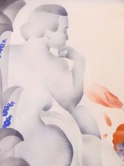 "Nude with Bowl of Fruit, " Art Deco Painting in Shades of Purple and Orange