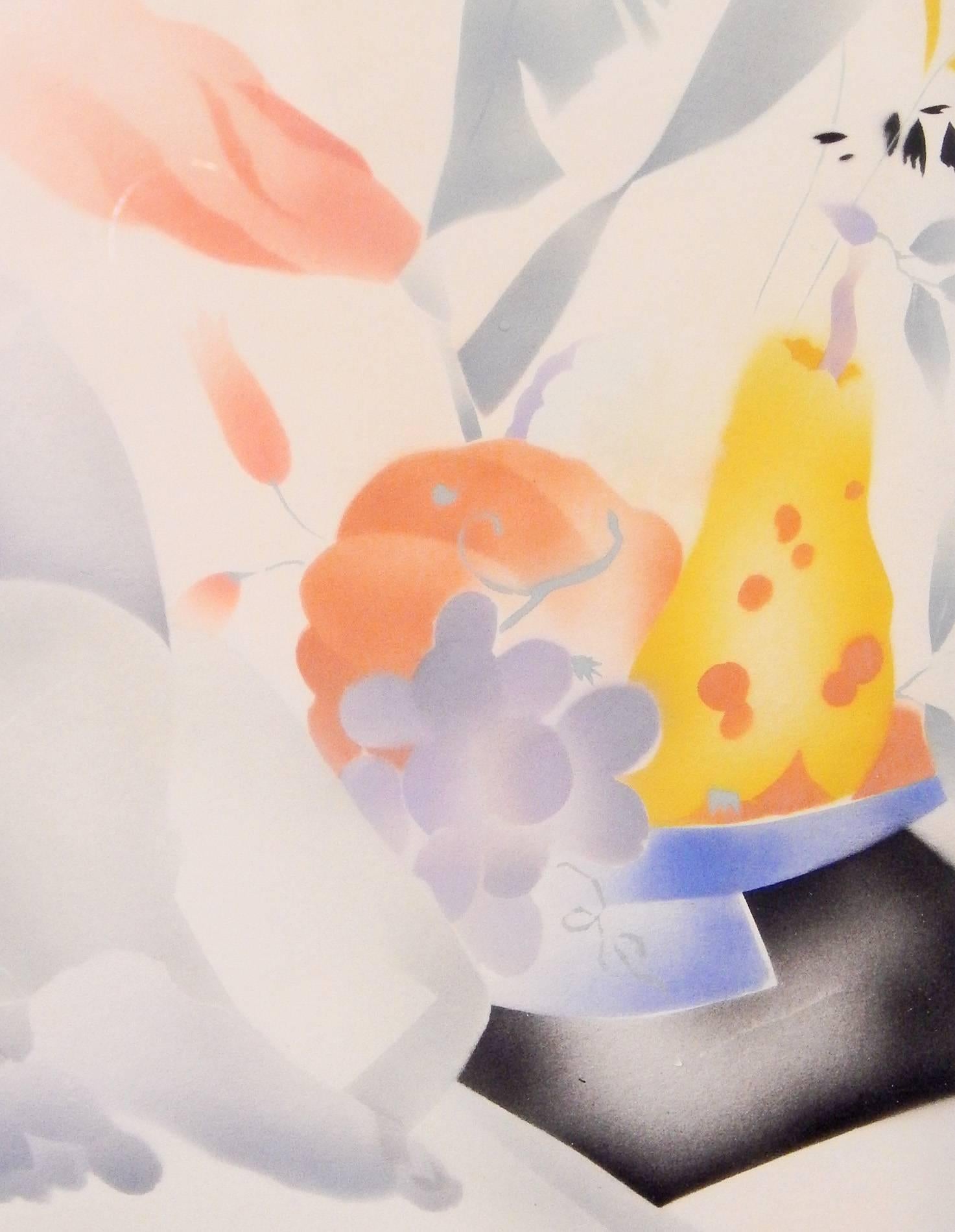 Américain Peinture Art déco « Nu avec bol de fruits », en nuances de violet et d'orange en vente