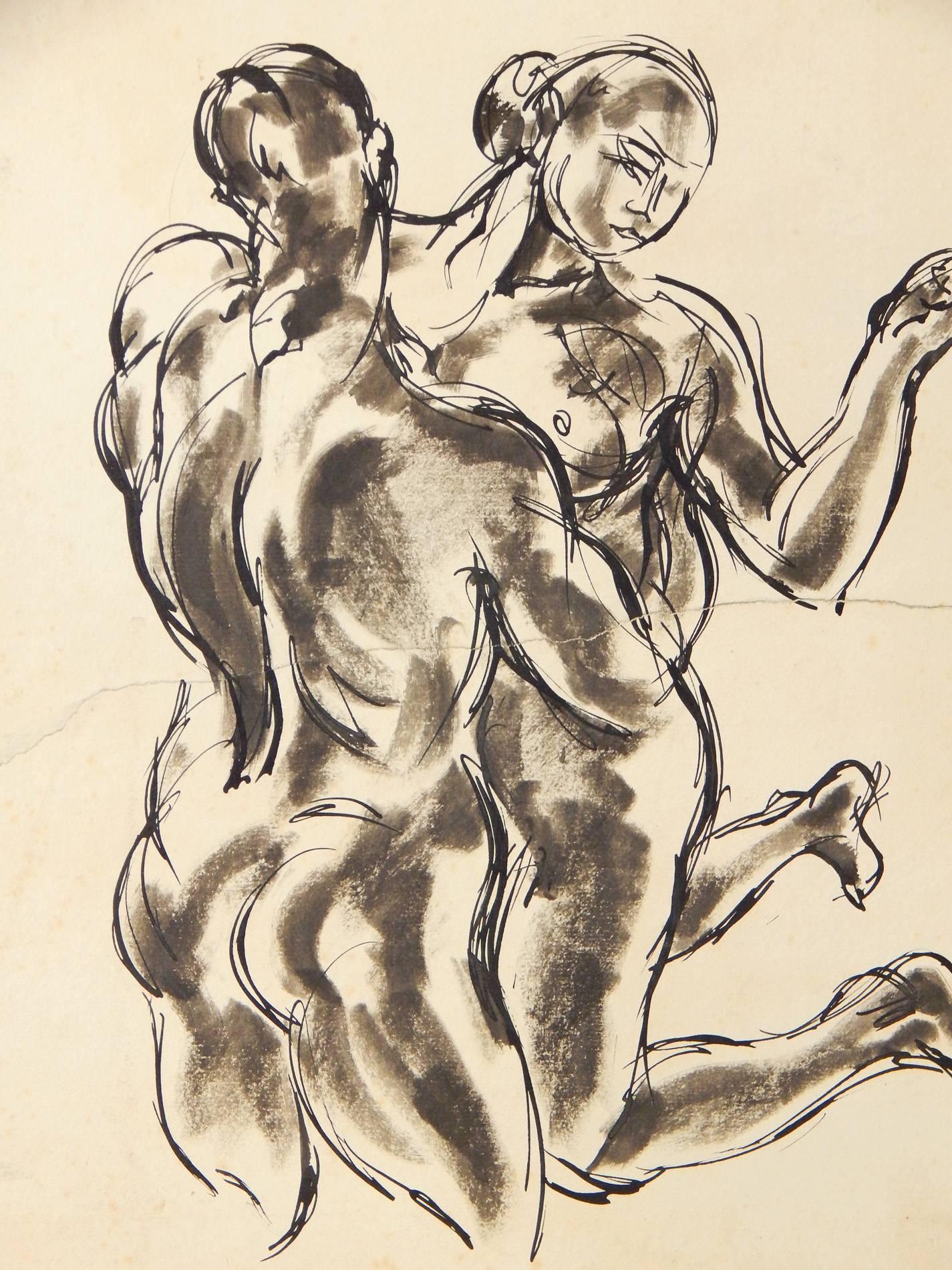 A fine and bold drawing by William Littlefield, this piece depicts male and female nude figures in an embrace, the male figure inspired by Nicholas Podiapolski, Littlefield's model and lover in the late 1920s. Littlefield is known for his male nudes