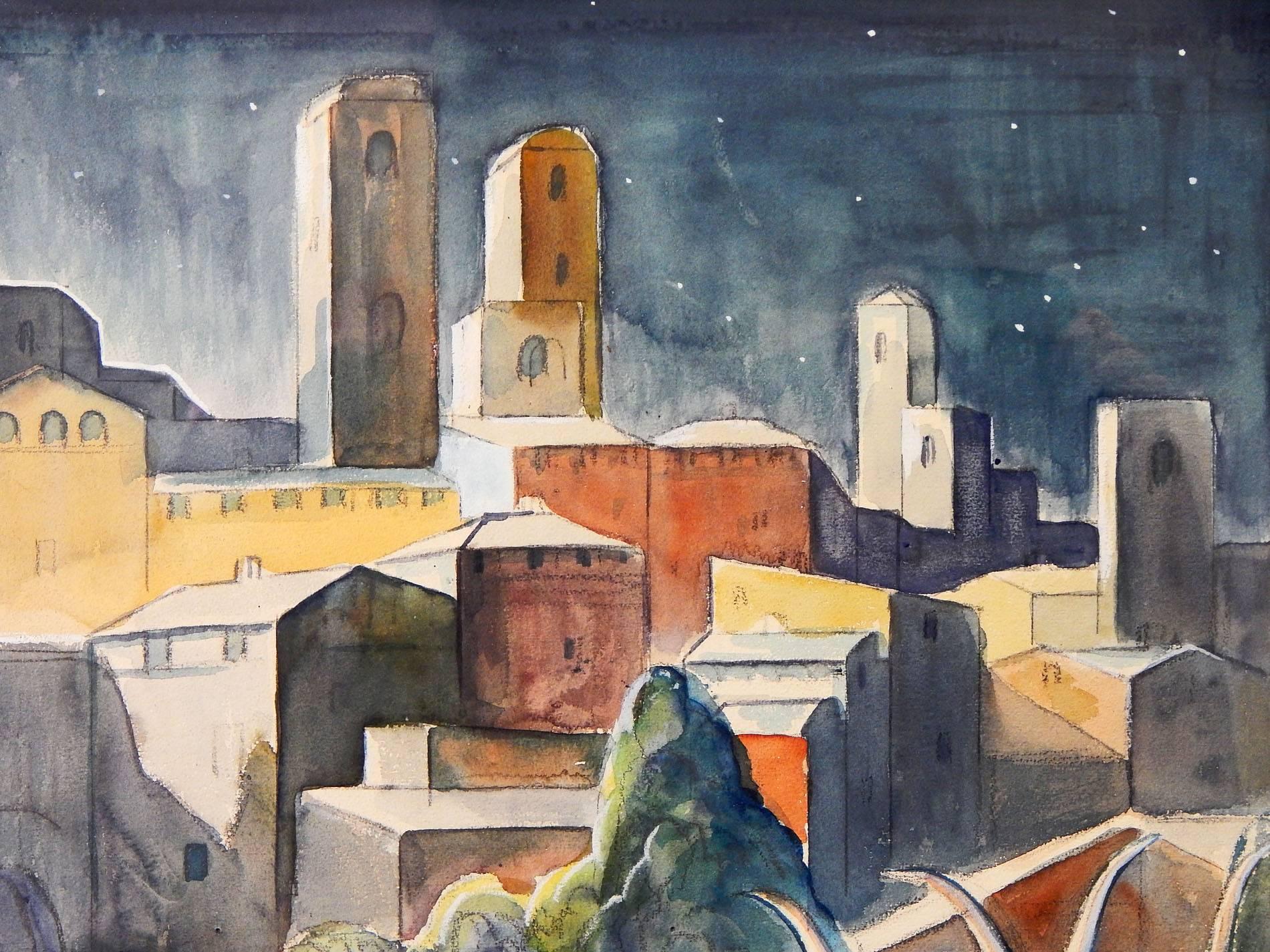 Brilliantly conceived and executed in a gorgeous palette of midnight blue, burnt sienna, ivory and charteuse, this depiction of San Gimagnano with a starry sky above was painted by John Lorin Black, an artist who worked in Cleveland and other parts