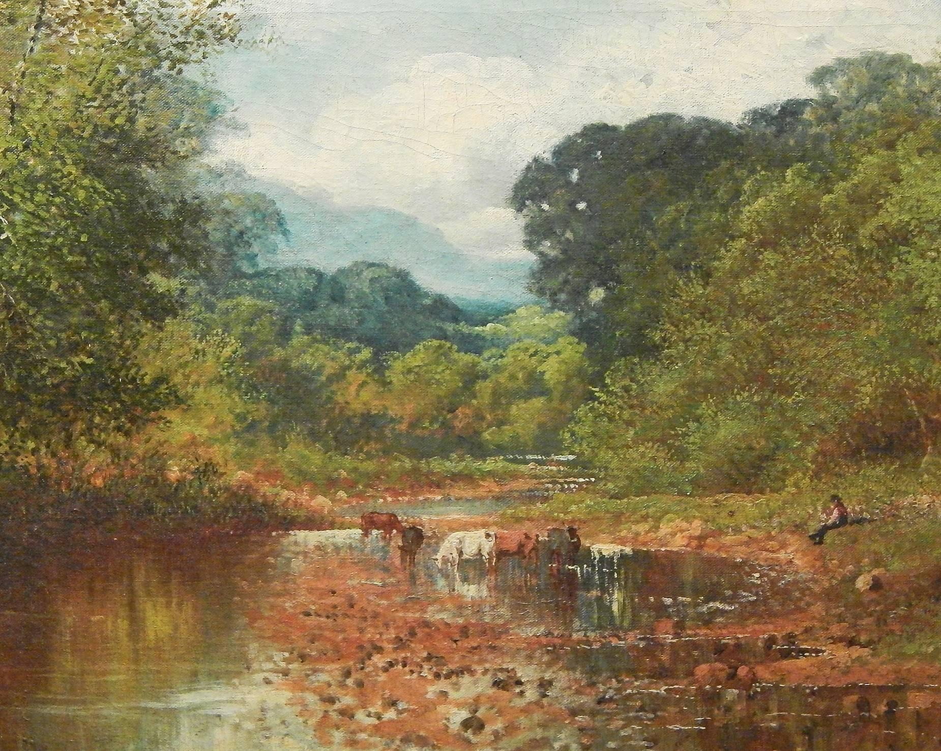 A lovely and bucolic depiction of the American wilderness in 1876, only partly tamed by American settlers, this oil painting depicts a shallow, rocky stream with blue-tinted mountains in the distance -- possibly the Catskills -- and is signed by