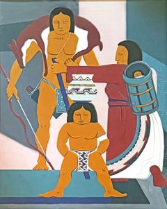 "Southwest Indian Family", Art Deco Painting w/ Father, Mother, Child