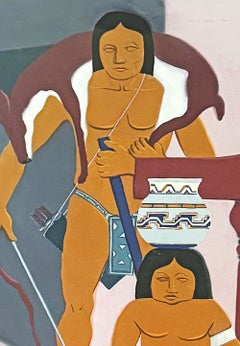 "Southwest Indian Family", Art Deco Painting w/ Father, Mother, Child