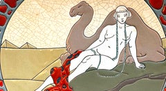"Nude in the Egyptian Desert", Art Deco Charger with Camel and Pyramids, 1930s