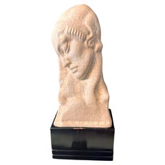 "Female Head with Cap", Highly Rare Art Deco Sculpture with Craquelure Glaze