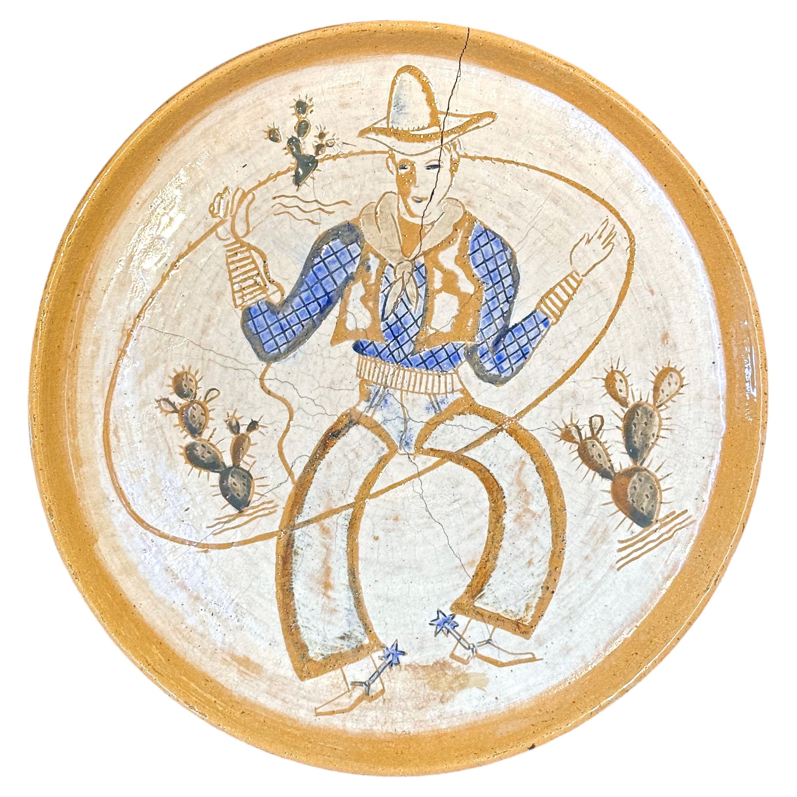 "Cowboy con lazo e speroni", unico e imponente piatto da parete in stile Art Déco di Gregory