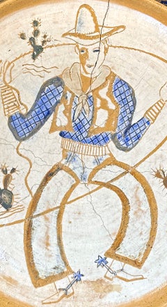 "Cowboy con lazo e speroni", unico e imponente piatto da parete in stile Art Déco di Gregory