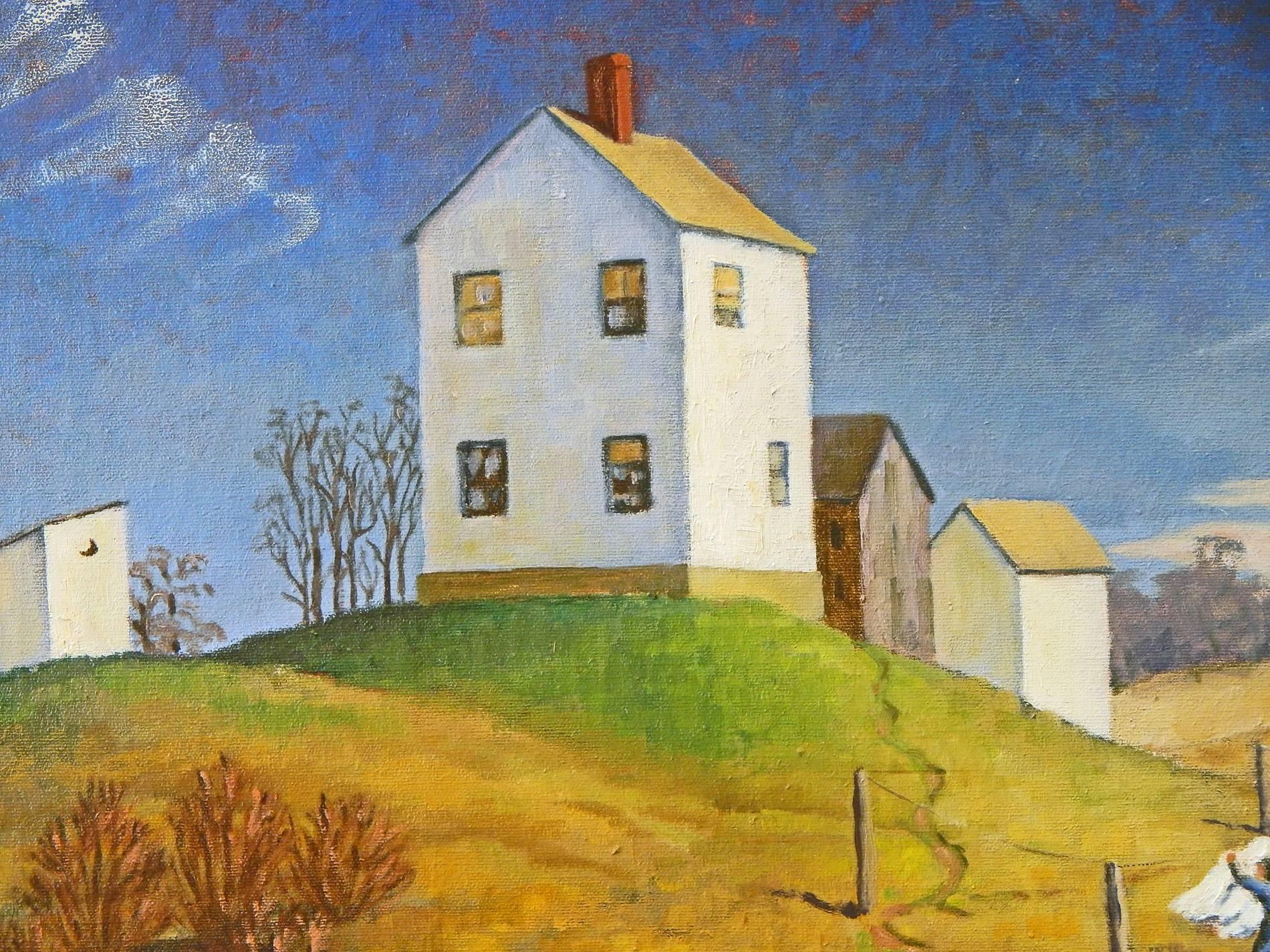 Fresh as a crisp fall day, this painting of a woman taking down laundry at the base of a hill dominated by her home above is a reassuring depiction of wholesome rural life in 1941, perhaps in North Carolina, on the eve of America's entry into the