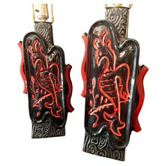 "Firebird Lamps", Rare Pair of Art Deco Table Lamps in Black and Red