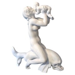"Mermaid Riding Dolphin", Rare, Large Art Deco Sculpture with Female Nude