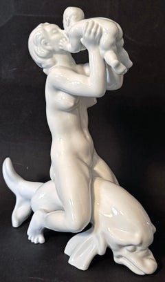 "Mermaid Riding Dolphin", Rare, Large Art Deco Sculpture with Female Nude