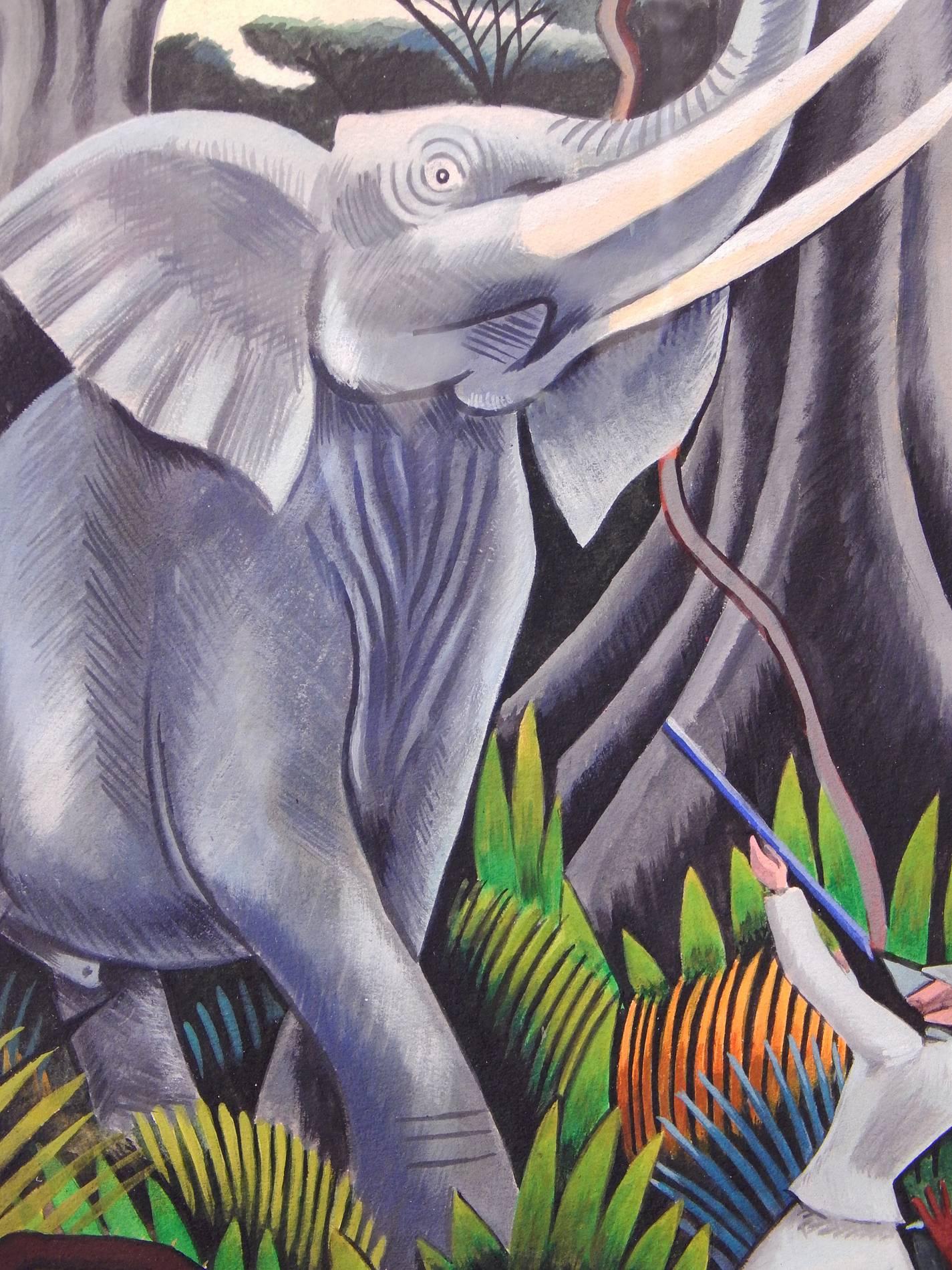Painted by one of those rare artists who successfully straddled the line between satire, caricature and Fine art, this depiction of a safari hunter confronting a magnificent elephant in the African jungle was created by Miguel Covarrubias. The