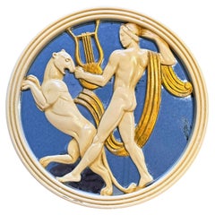 "Nude Orpheus and Panther", Rare Art Deco Relief Sculpture with Blue Mirror