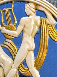 "Nude Orpheus and Panther", Rare Art Deco Relief Sculpture with Blue Mirror