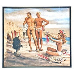 "Nude Beach with Poodle", Cheerful and Charming 1950s Painting w/ Male Nudes