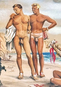 "Nude Beach with Poodle", Cheerful and Charming 1950s Painting w/ Male Nudes