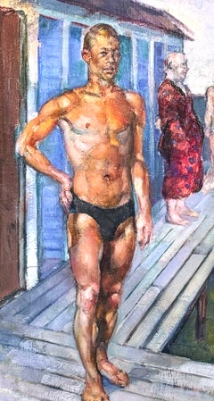 "Swimming Along the Dock in Sjöbo", 1932 Painting by Olsson, Swedish Modernist