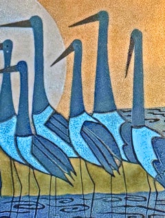 "Sand Cranes in Blue and Gray", Enamel Panel by Judith Daner, Master Enamelist